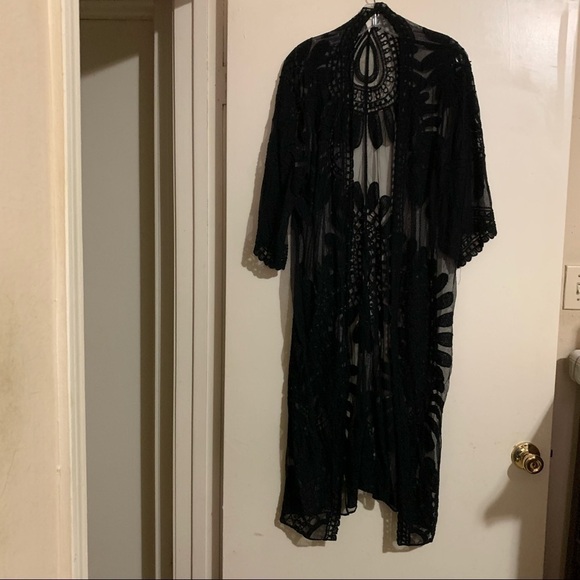 Kimono Shawl Drape Cape Duster Black short sleeve lace sheer one size - Picture 9 of 9